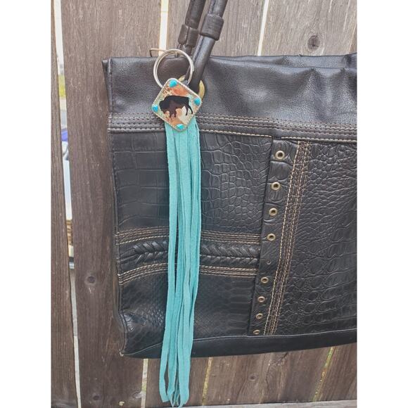 Handmade boho buffalo Leather Fringe Western bag charm, Long fringe keychain - Picture 5 of 5
